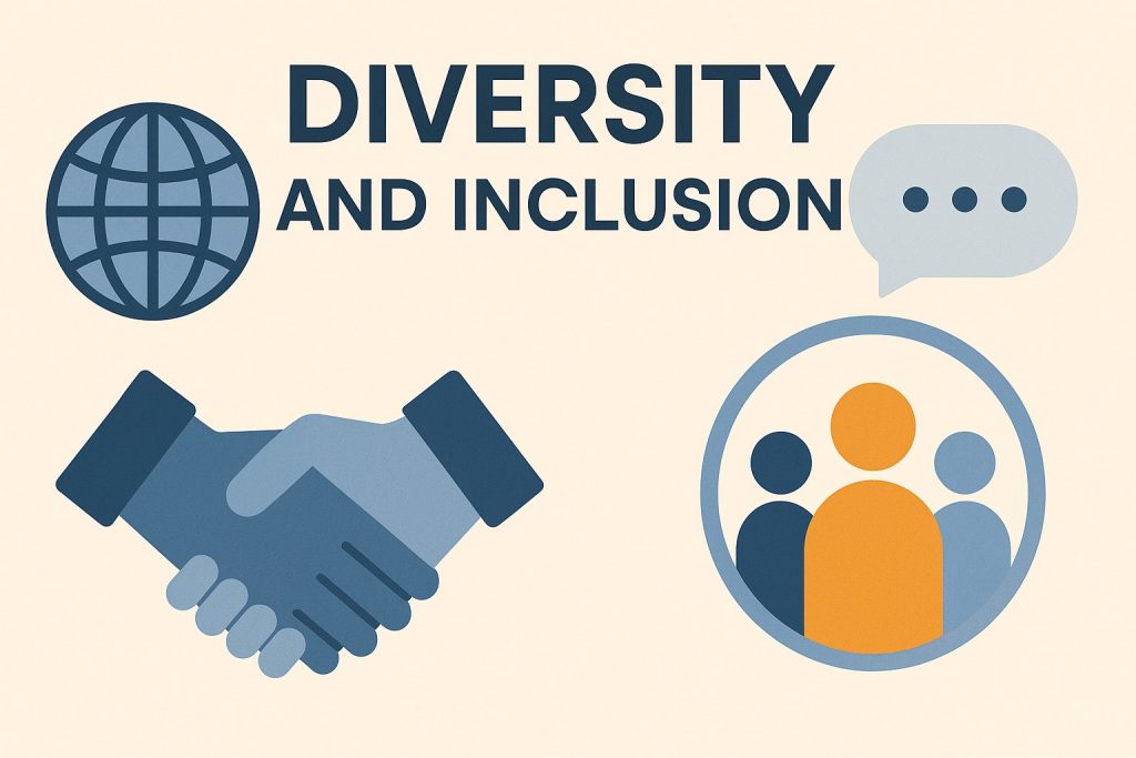 Diversity and inclusion examples shown through globe, handshake, speech bubble, and diverse team icons around a woman in yellow shirt
