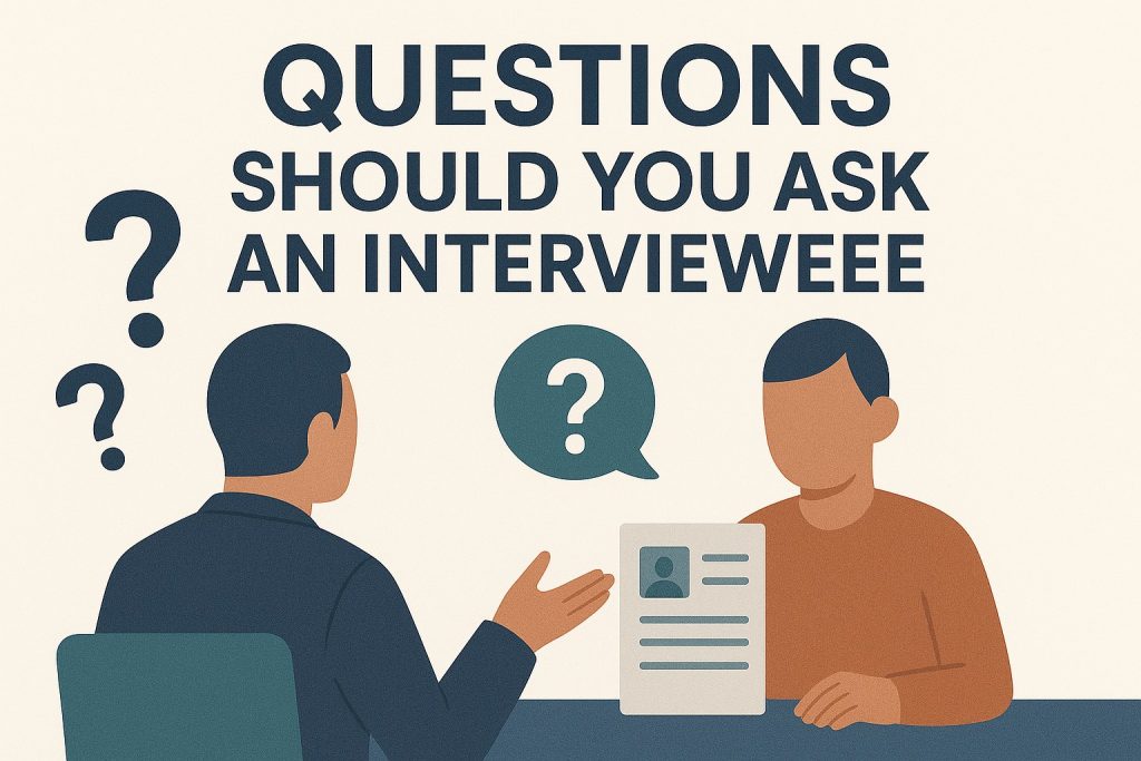 questions should you ask an interviewee shown with faceless figures in interview setup
