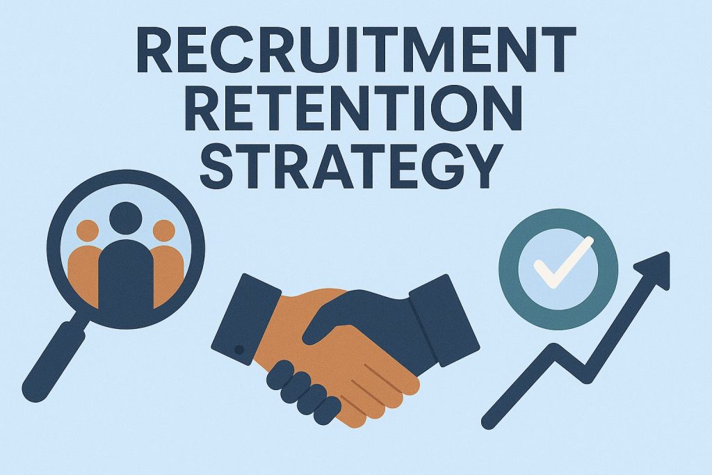 recruitment retention strategy icons on light blue background with handshake and target