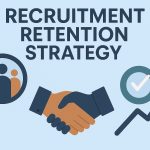 recruitment retention strategy icons on light blue background with handshake and target