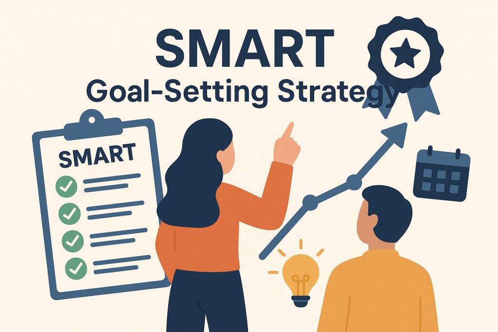 smart goal-setting strategy with checklist and upward graph to track progress